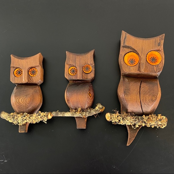 Vintage set of 3 Wooden Owl wall decor - Picture 2 of 9